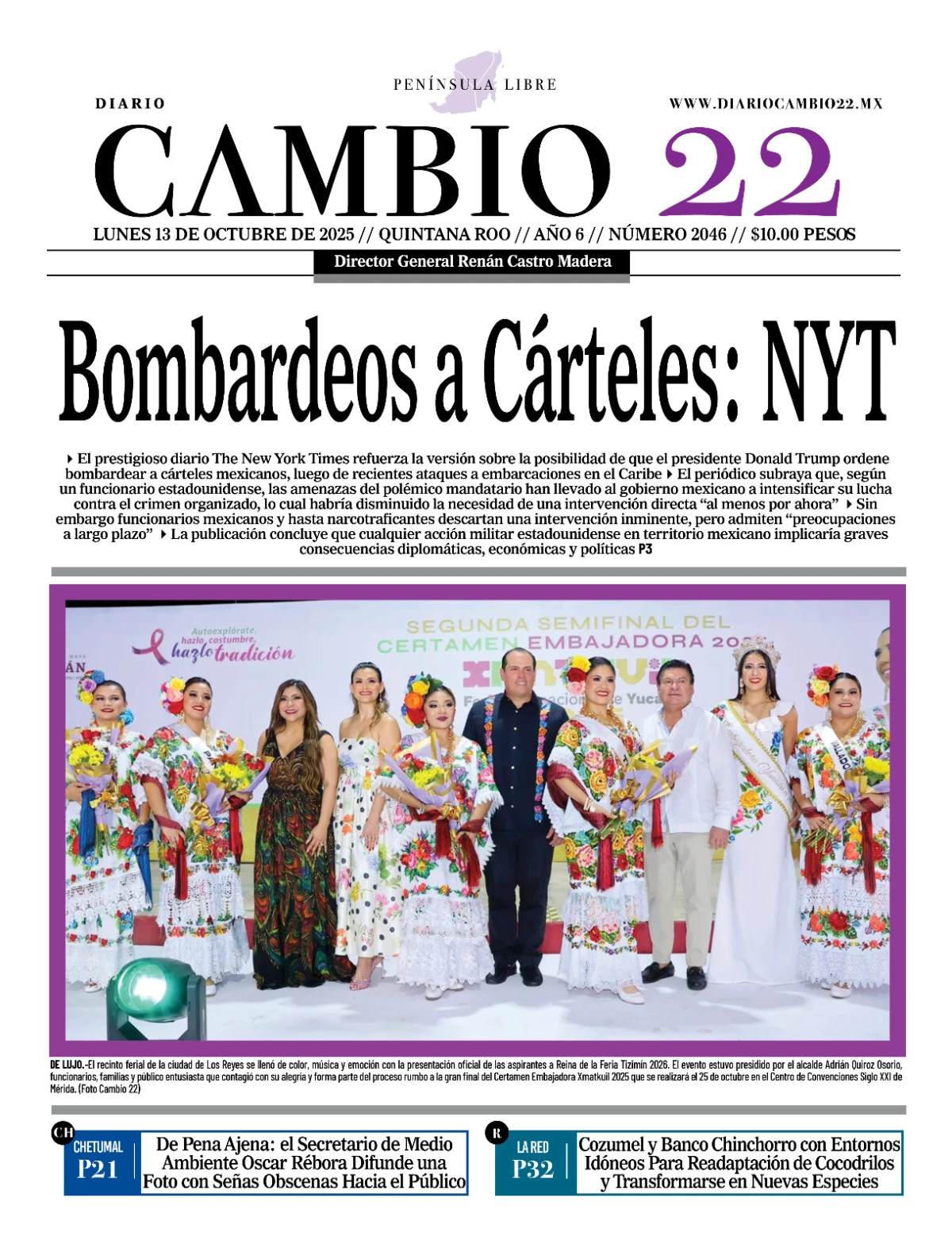 Portada de Diario Cambio 22 (contraportada) del lunes, 13 de octubre de 2025