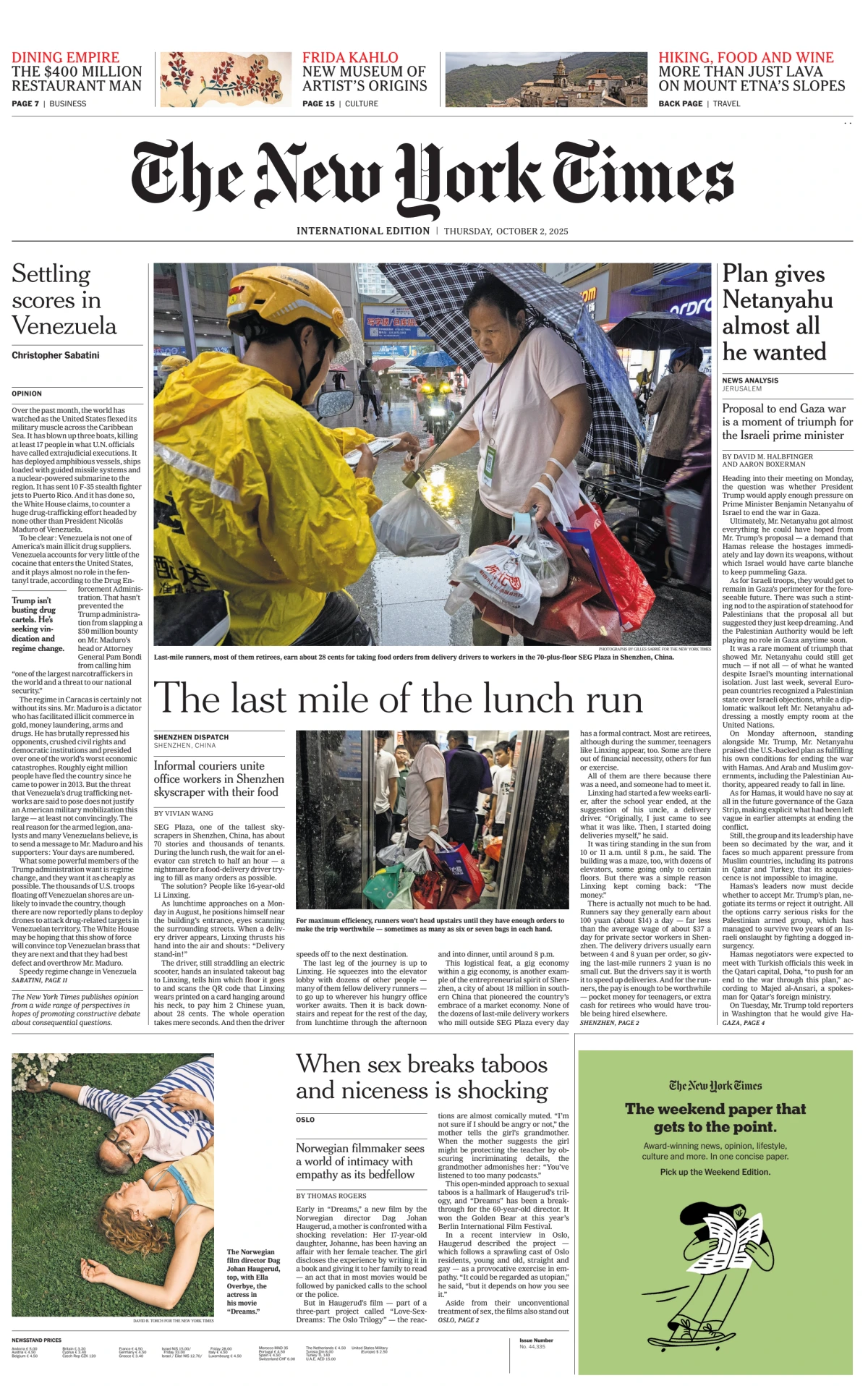 Portada de The New York Times (international) del jueves, 2 de octubre de 2025