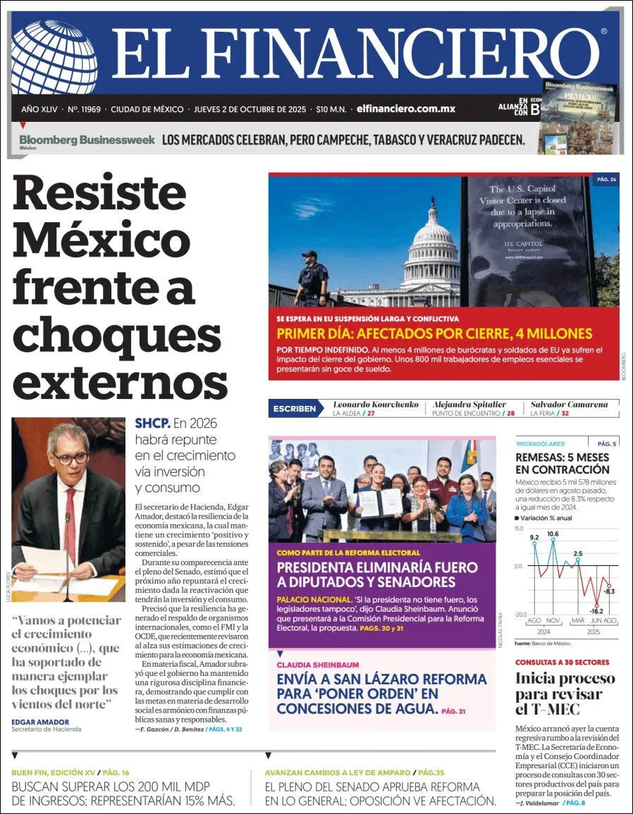 Portada de El Financiero del jueves, 2 de octubre de 2025