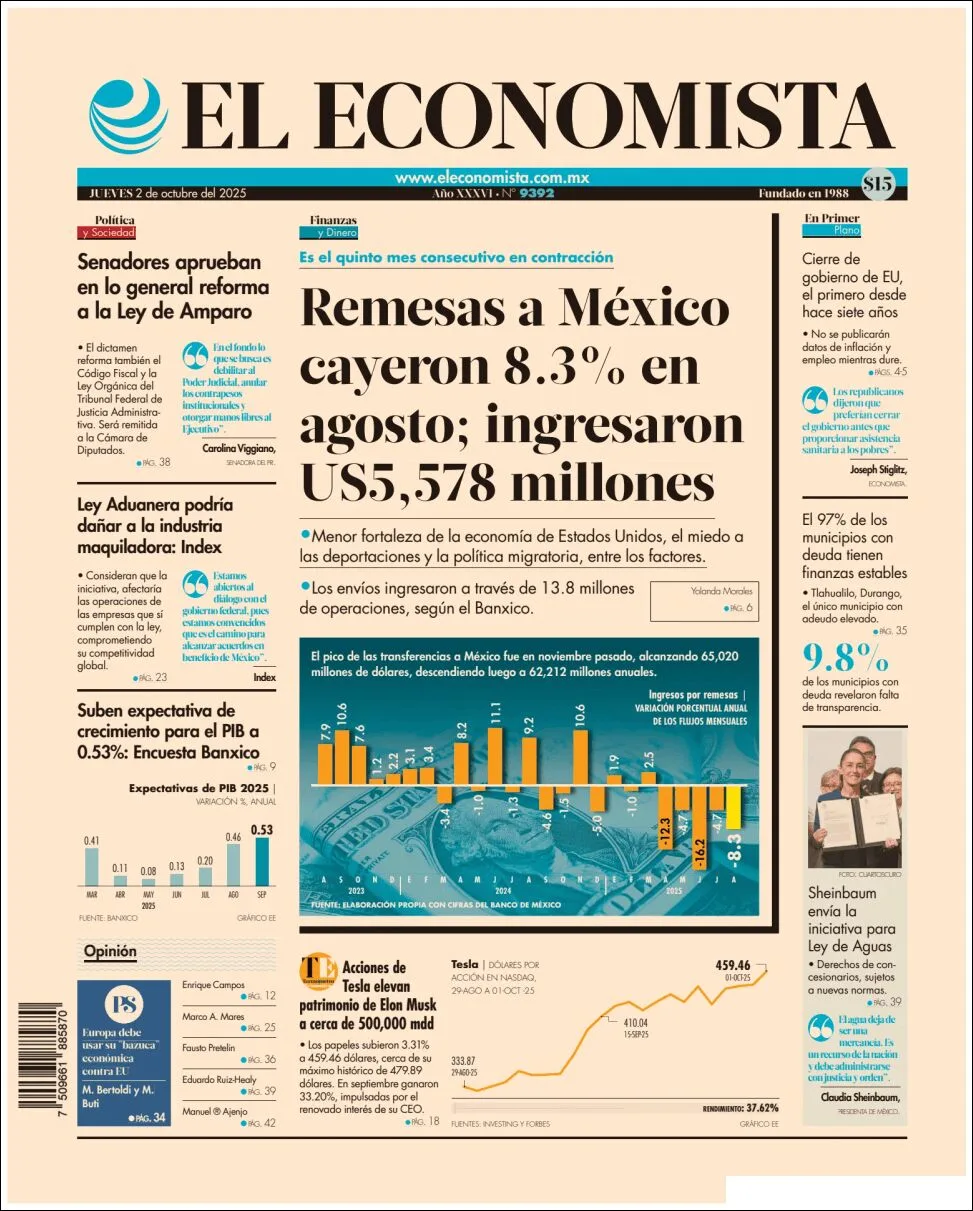 Portada de El Economista del jueves, 2 de octubre de 2025