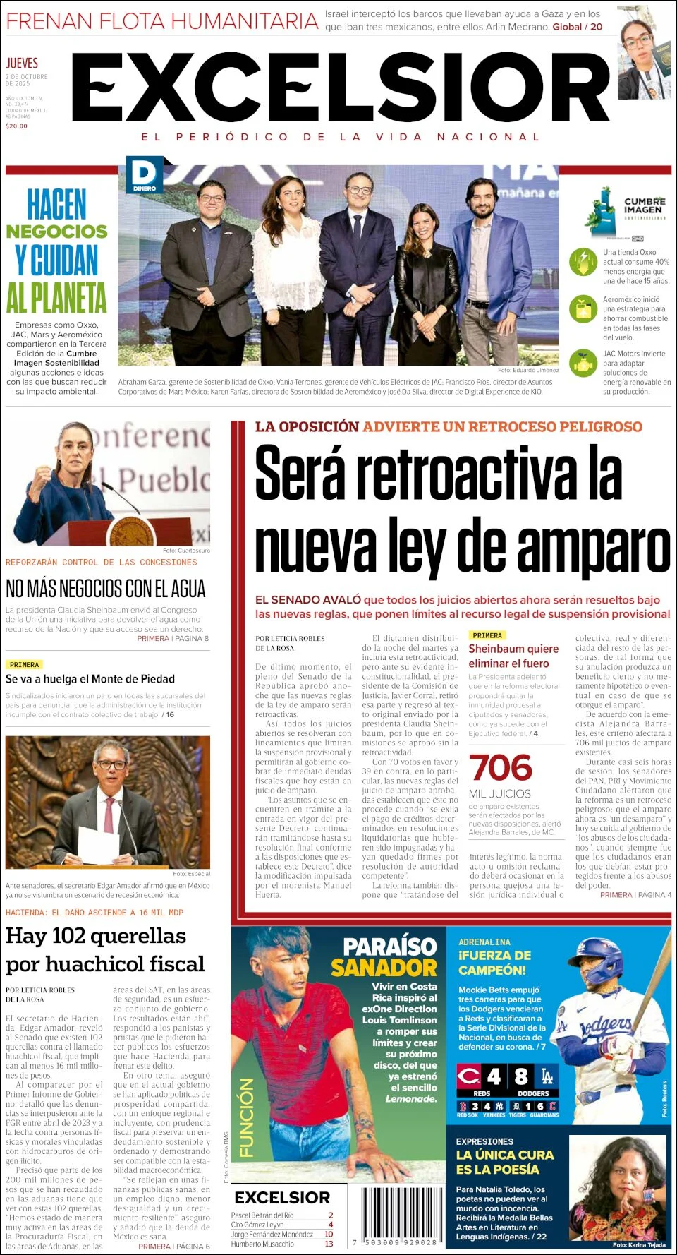 Portada de Excelsior del jueves, 2 de octubre de 2025