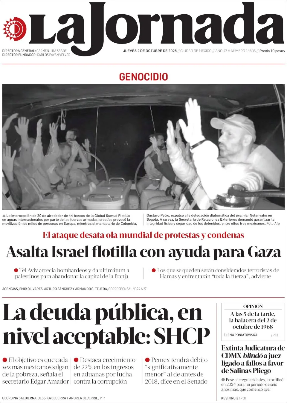 Portada de La Jornada del jueves, 2 de octubre de 2025
