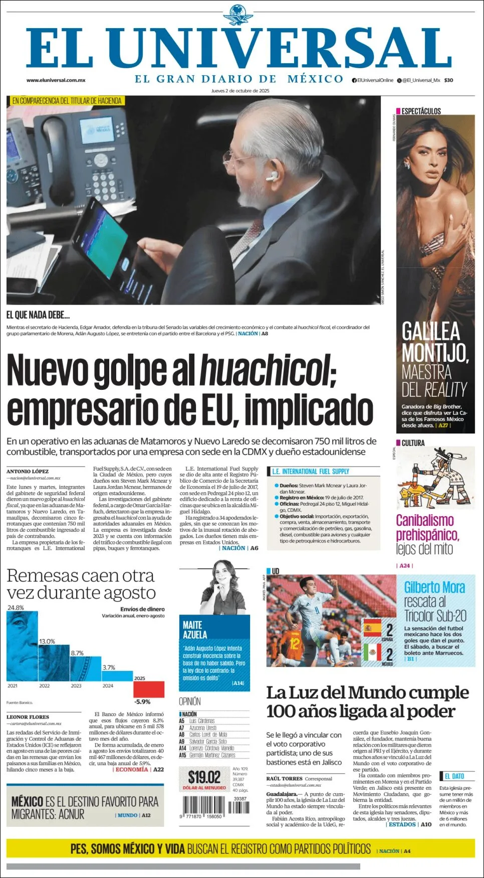 Portada de El Universal del jueves, 2 de octubre de 2025