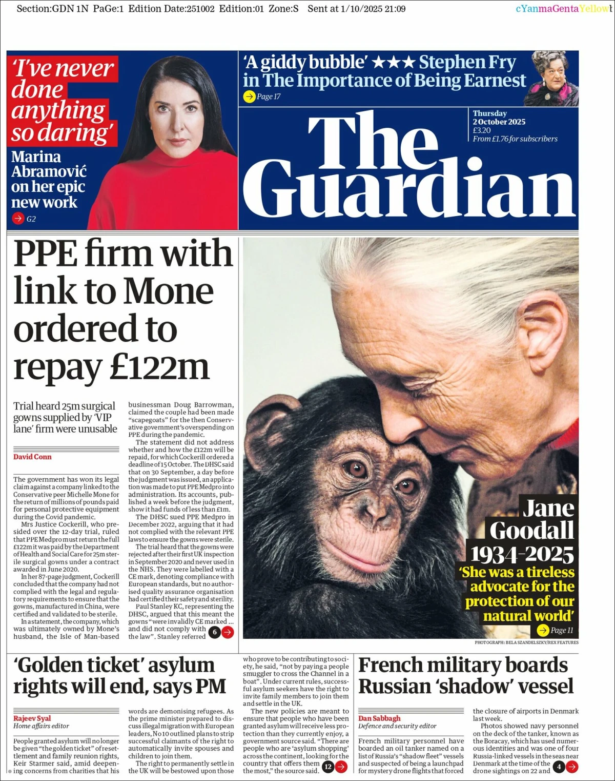Portada de The Guardian (reino Unido) del jueves, 2 de octubre de 2025