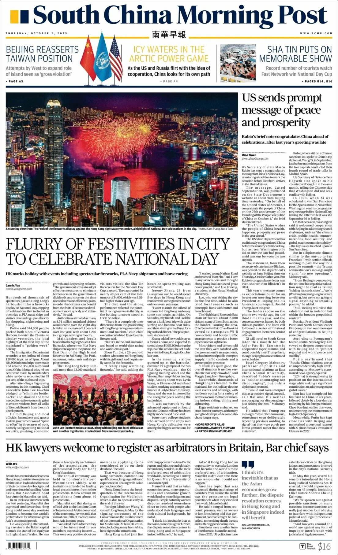 Portada de South China Morning Post del jueves, 2 de octubre de 2025