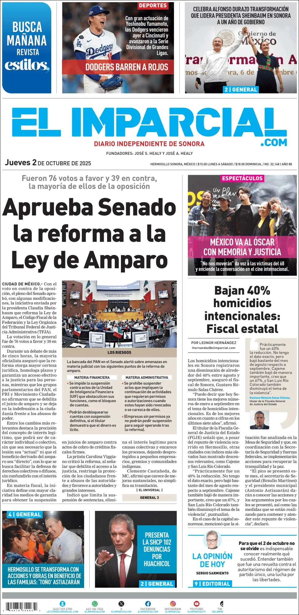Portada de El Imparcial del jueves, 2 de octubre de 2025