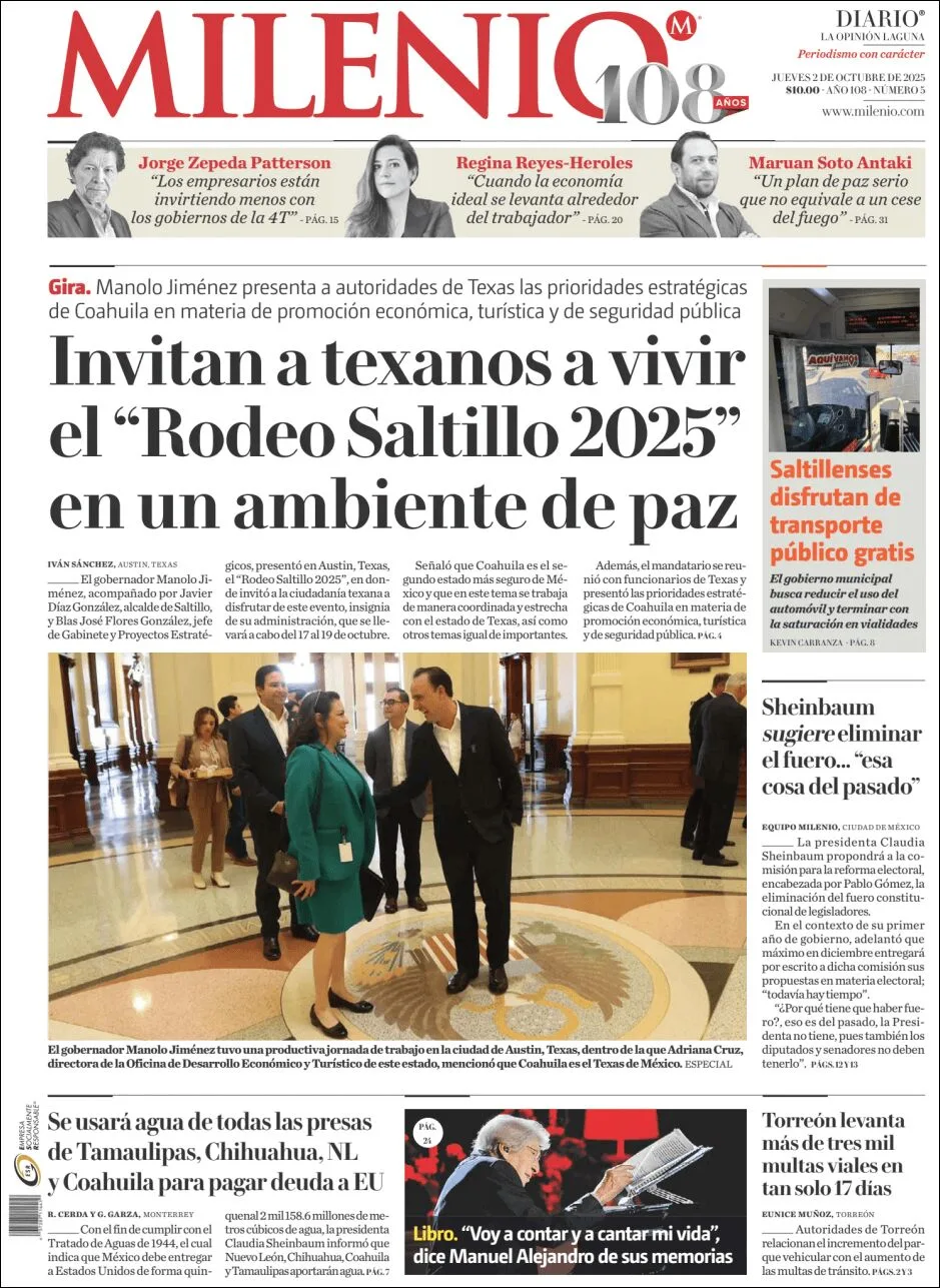 Portada de Milenio Laguna del jueves, 2 de octubre de 2025