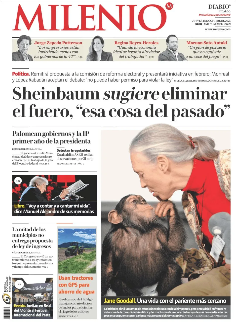 Portada de Milenio Hidalgo del jueves, 2 de octubre de 2025