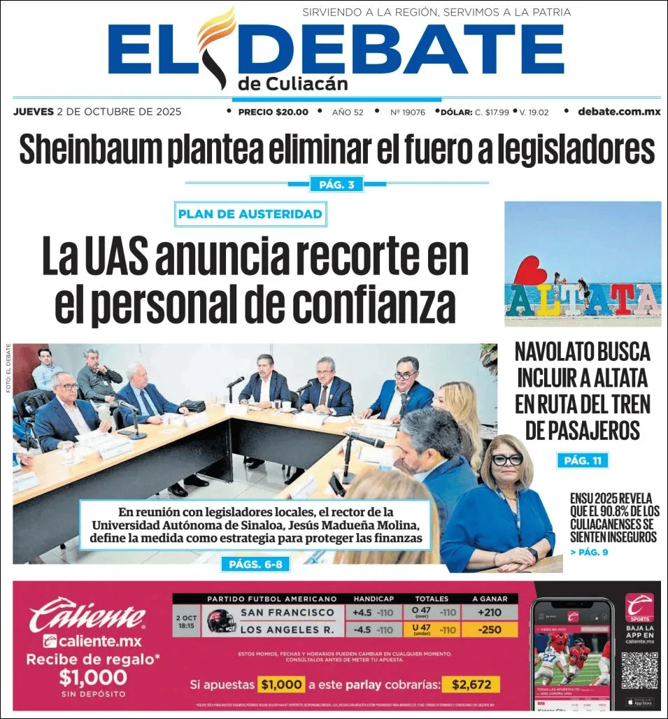 Portada de El Debate de Culiacan del jueves, 2 de octubre de 2025