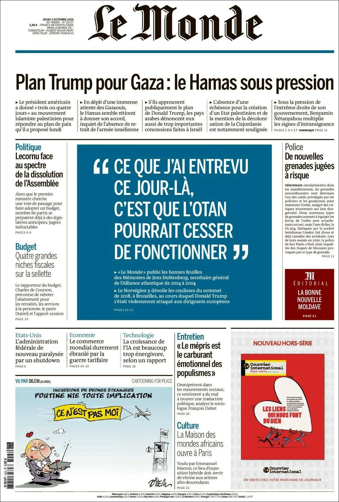 Portada de Le Monde del jueves, 2 de octubre de 2025
