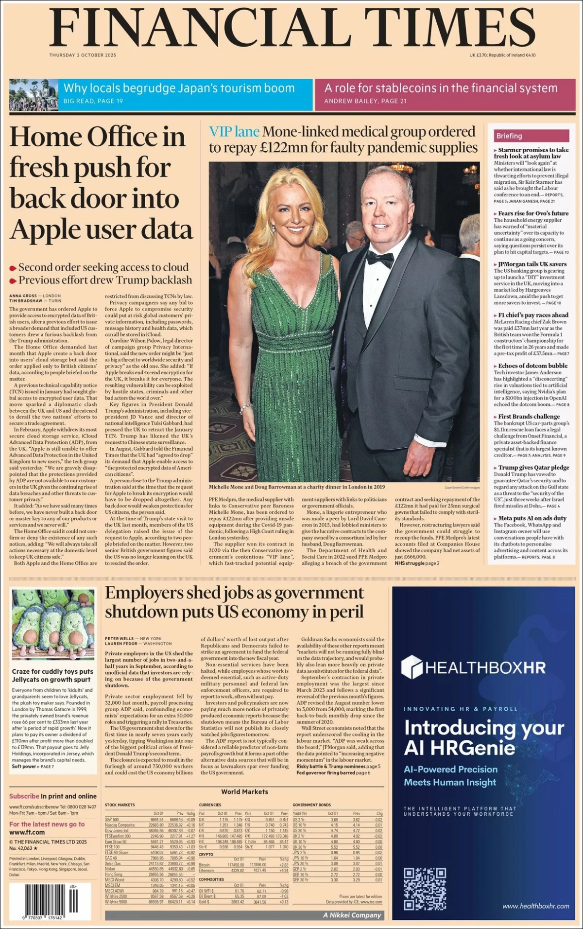 Portada de Financial Times del jueves, 2 de octubre de 2025