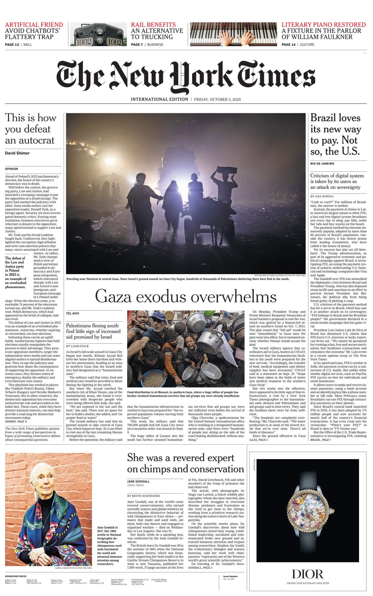 Portada de The New York Times (international) del viernes, 3 de octubre de 2025