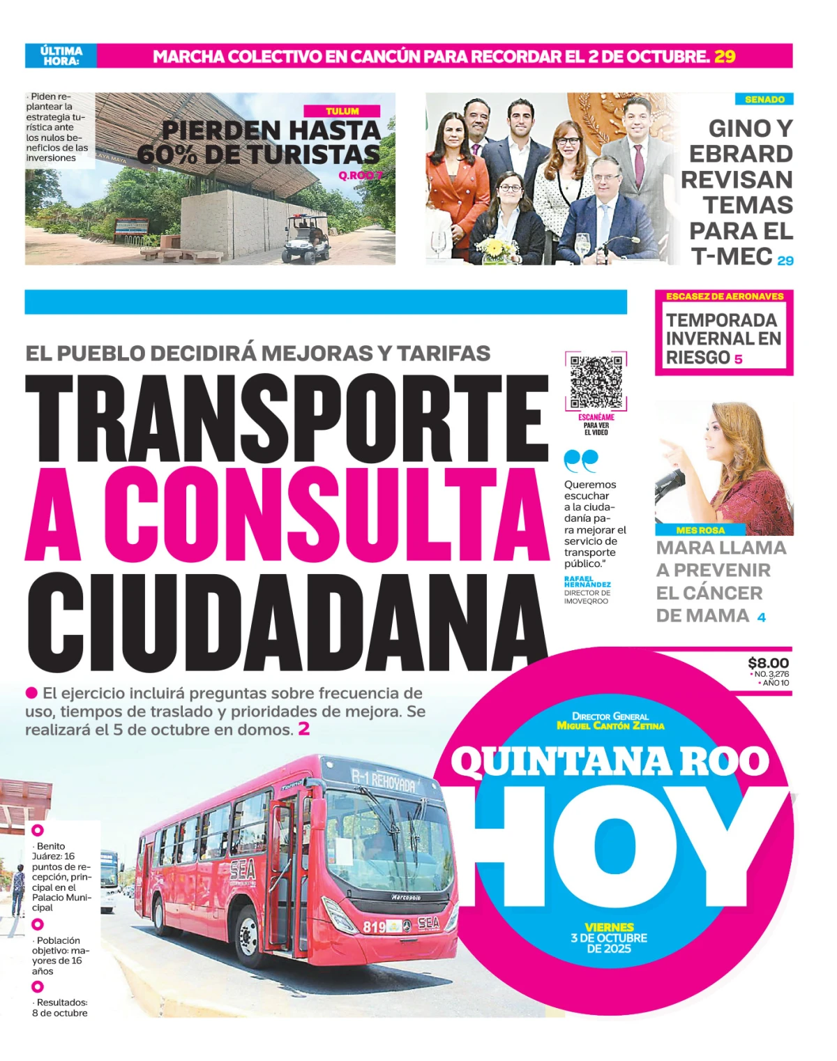 Portada de Quintana Roo Hoy (portada) del viernes, 3 de octubre de 2025