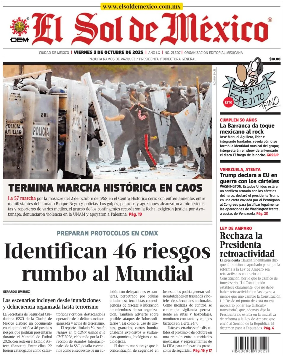 Portada de El Sol de Mexico del viernes, 3 de octubre de 2025