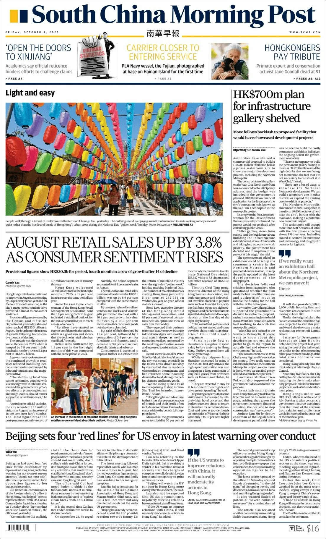 Portada de South China Morning Post del viernes, 3 de octubre de 2025