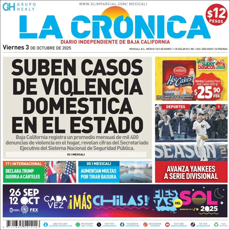 Portada de La Cronica del viernes, 3 de octubre de 2025