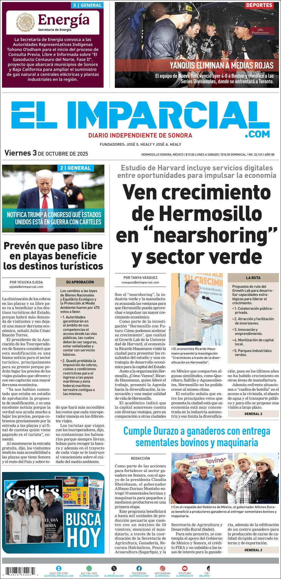Portada de El Imparcial del viernes, 3 de octubre de 2025