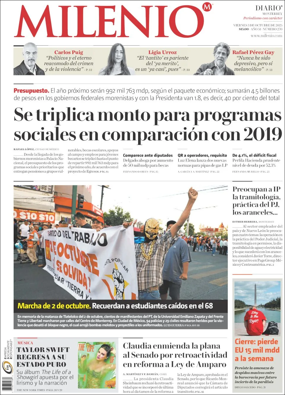 Portada de Milenio del viernes, 3 de octubre de 2025