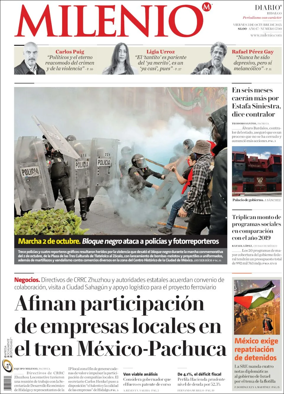 Portada de Milenio Hidalgo del viernes, 3 de octubre de 2025