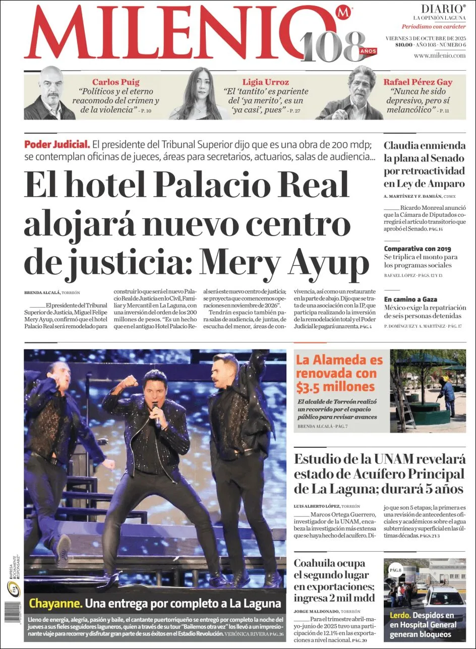 Portada de Milenio Laguna del viernes, 3 de octubre de 2025