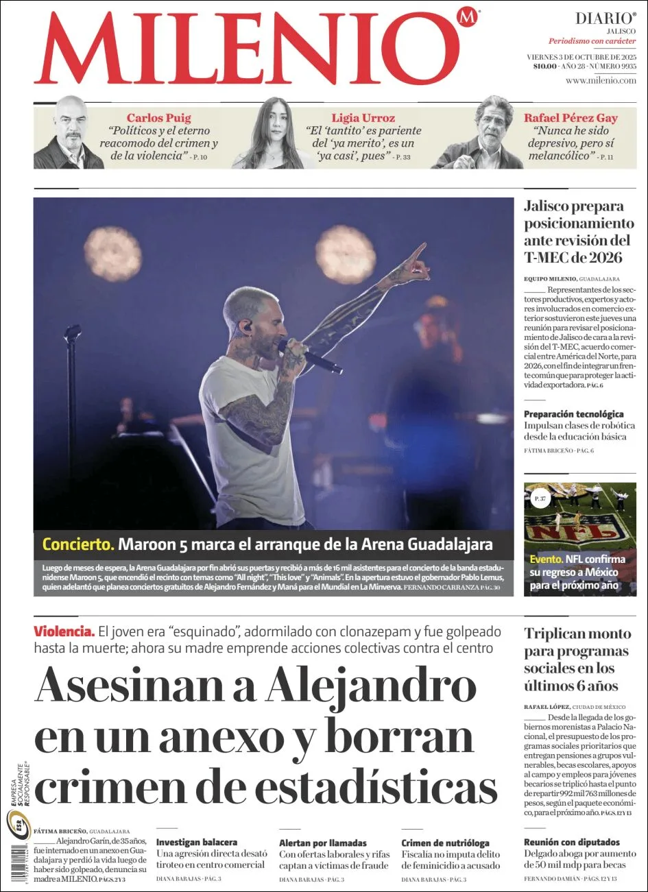 Portada de Milenio Jalisco del viernes, 3 de octubre de 2025