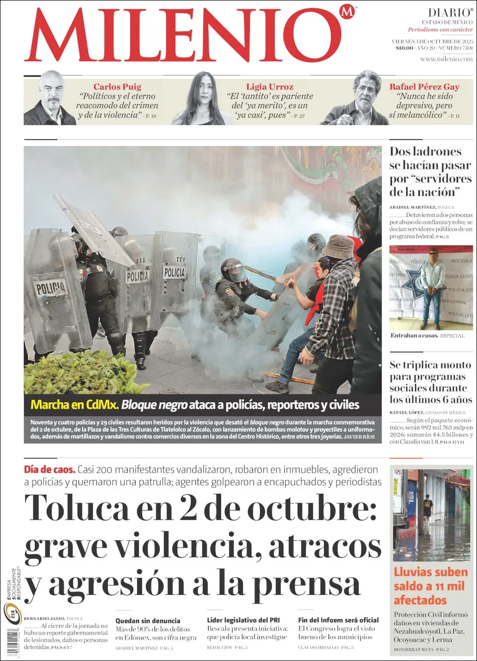 Portada de Milenio Edo de Mexico del viernes, 3 de octubre de 2025