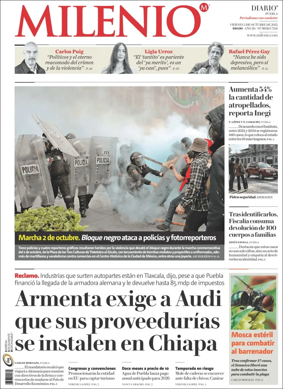 Portada de Milenio Puebla del viernes, 3 de octubre de 2025