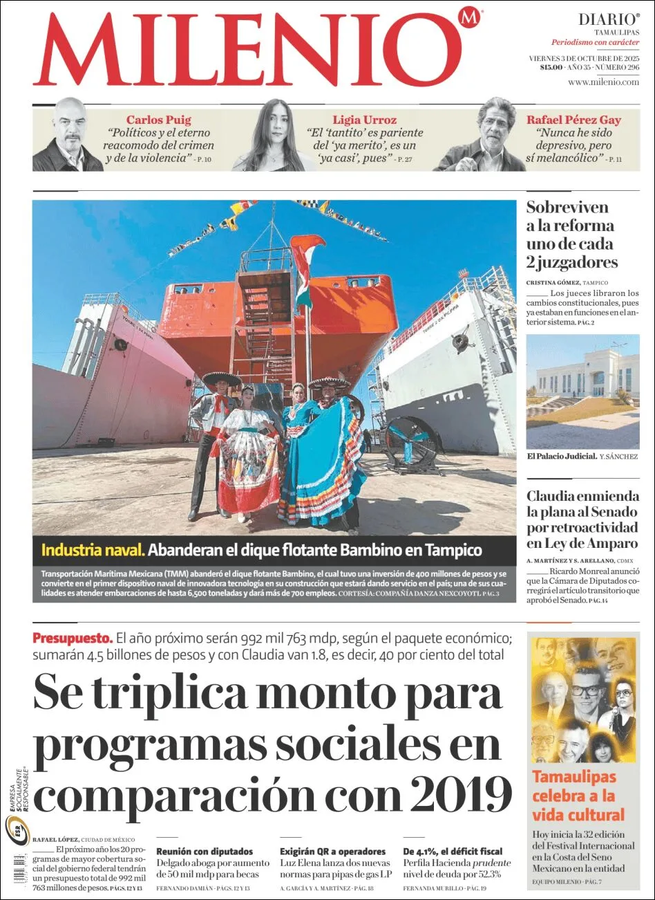 Portada de Milenio Tamaulipas del viernes, 3 de octubre de 2025