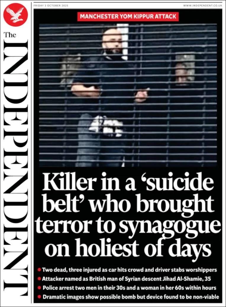 Portada de The Independent del viernes, 3 de octubre de 2025