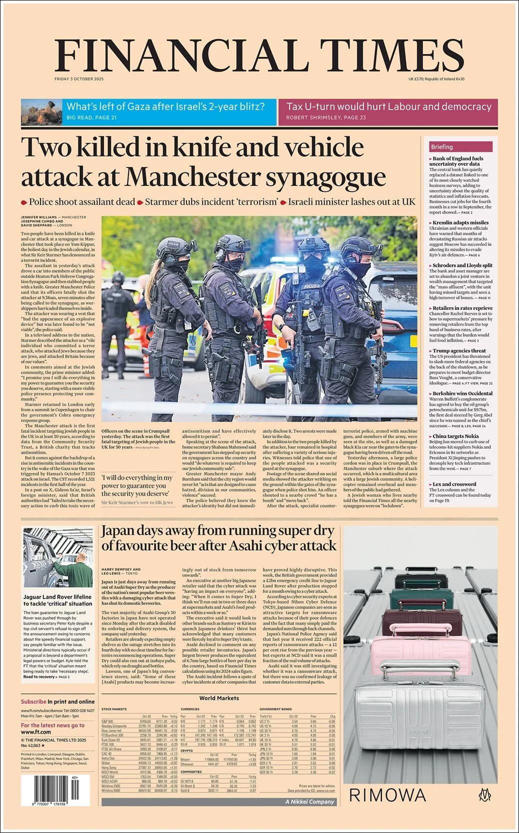 Portada de Financial Times del viernes, 3 de octubre de 2025