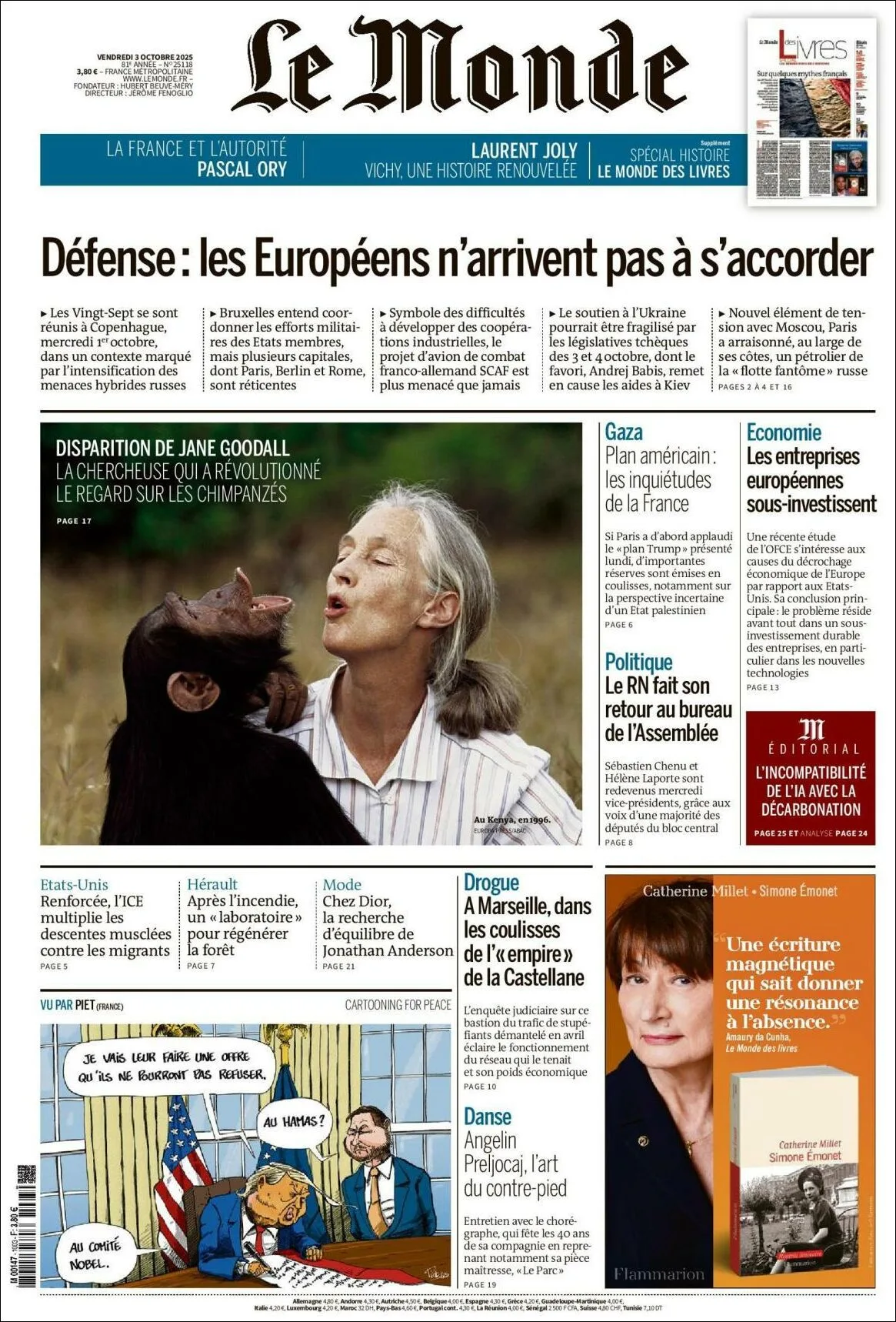 Portada de Le Monde del viernes, 3 de octubre de 2025