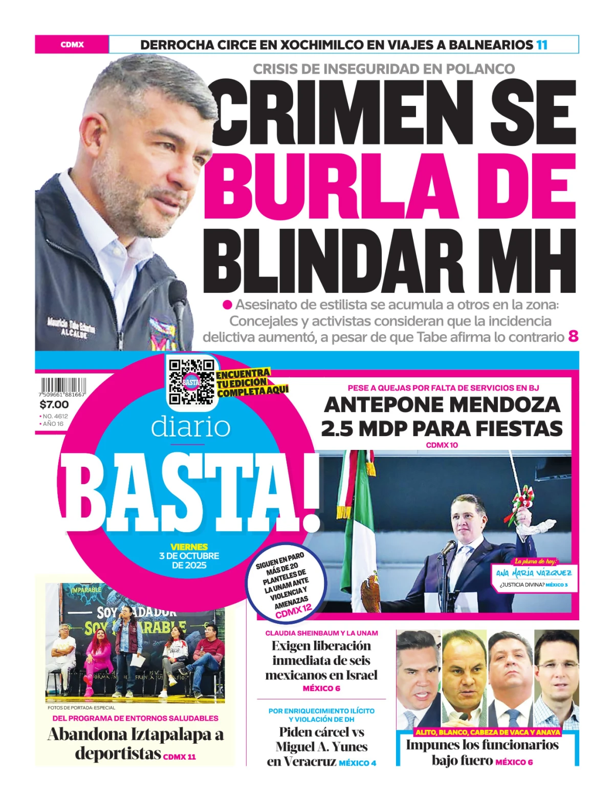 Portada de Basta! (portada) del viernes, 3 de octubre de 2025