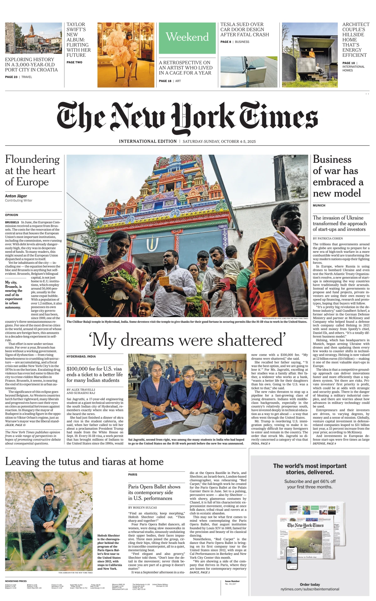 Portada de The New York Times (international) del sábado, 4 de octubre de 2025