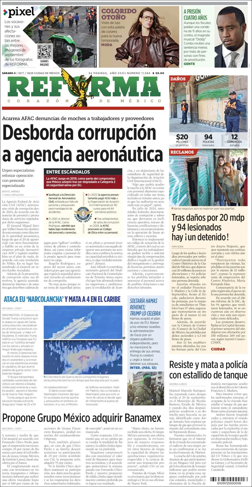 Portada de Reforma del sábado, 4 de octubre de 2025