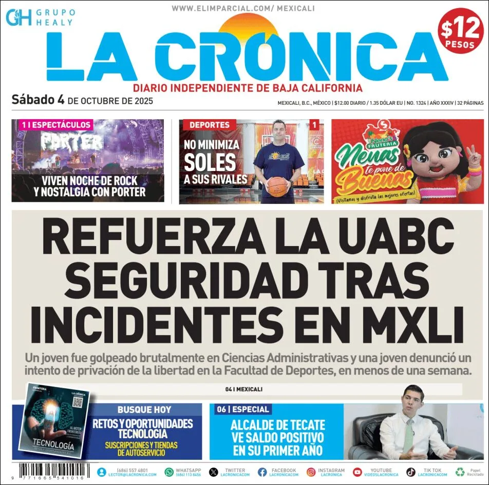 Portada de La Cronica del sábado, 4 de octubre de 2025