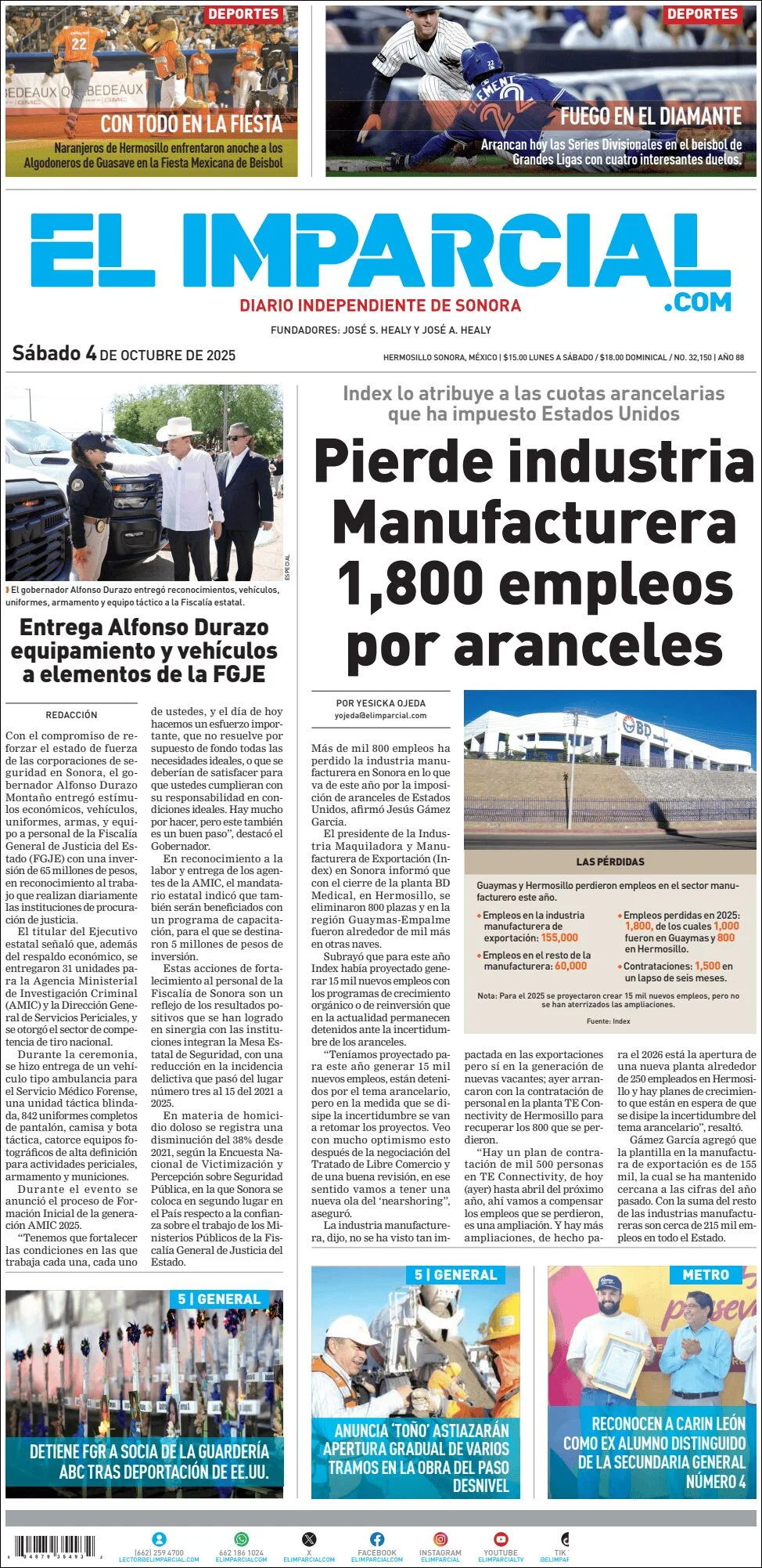 Portada de El Imparcial del sábado, 4 de octubre de 2025