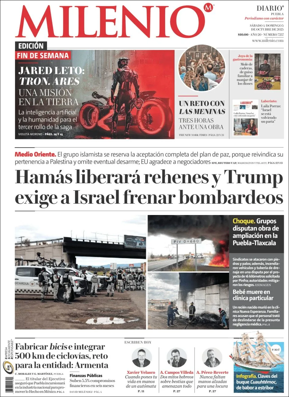 Portada de Milenio Puebla del sábado, 4 de octubre de 2025