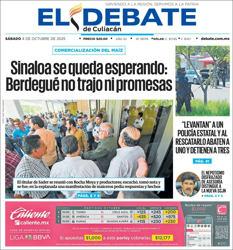 Portada de El Debate de Culiacan del sábado, 4 de octubre de 2025