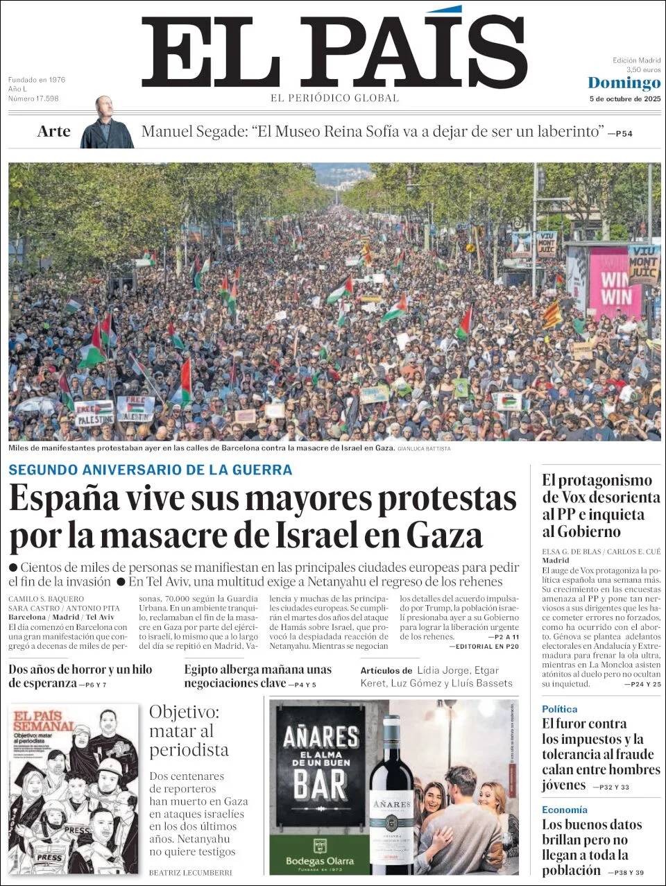 Portada de El Pais del domingo, 5 de octubre de 2025