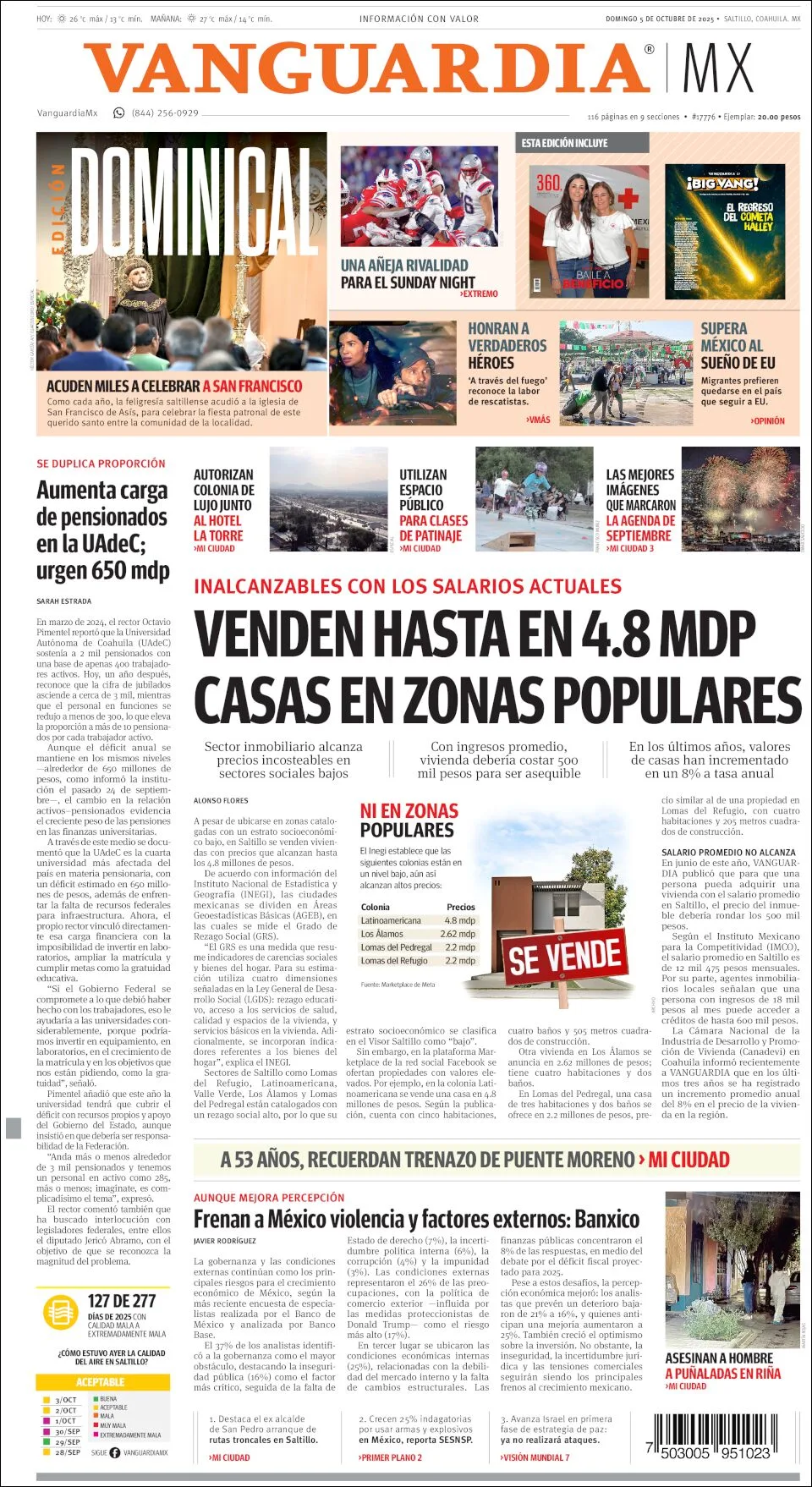 Portada de Vanguardia del domingo, 5 de octubre de 2025