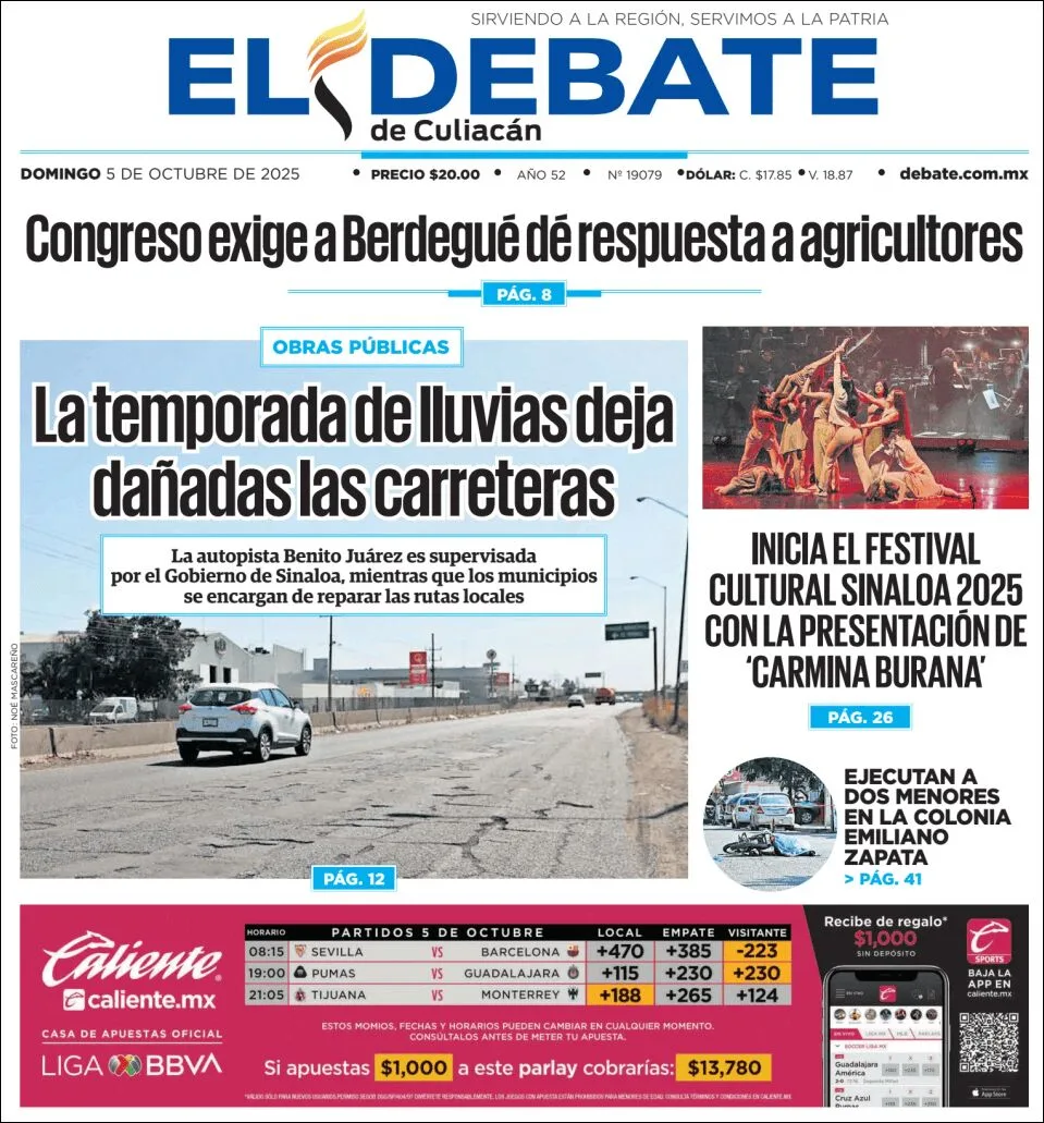 Portada de El Debate de Culiacan del domingo, 5 de octubre de 2025
