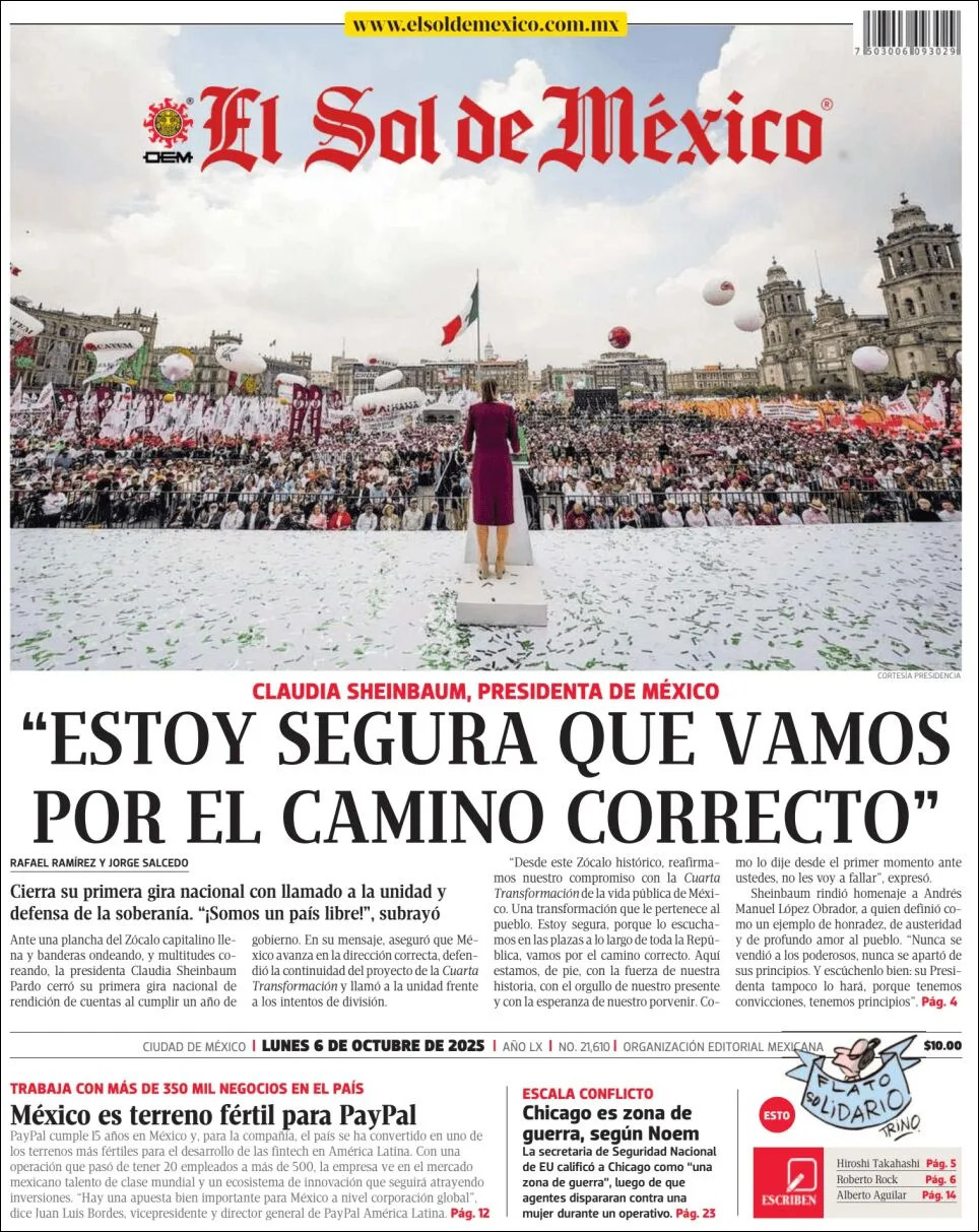 Portada de El Sol de Mexico del lunes, 6 de octubre de 2025