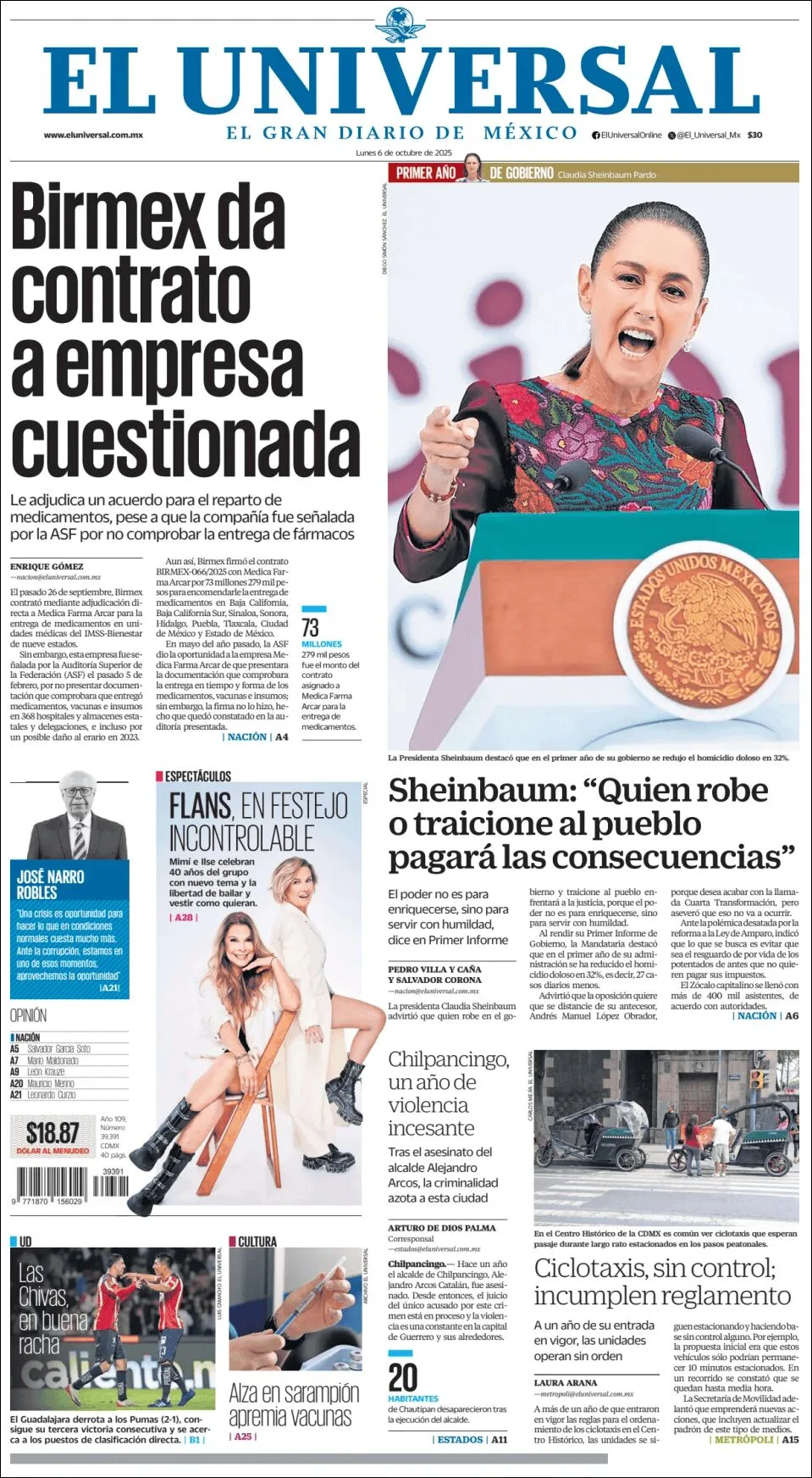 Portada de El Universal del lunes, 6 de octubre de 2025