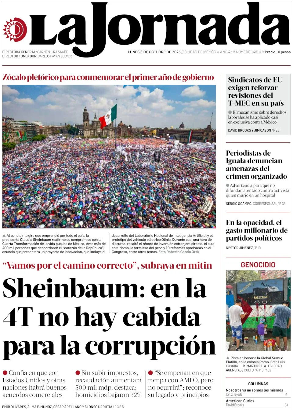Portada de La Jornada del lunes, 6 de octubre de 2025