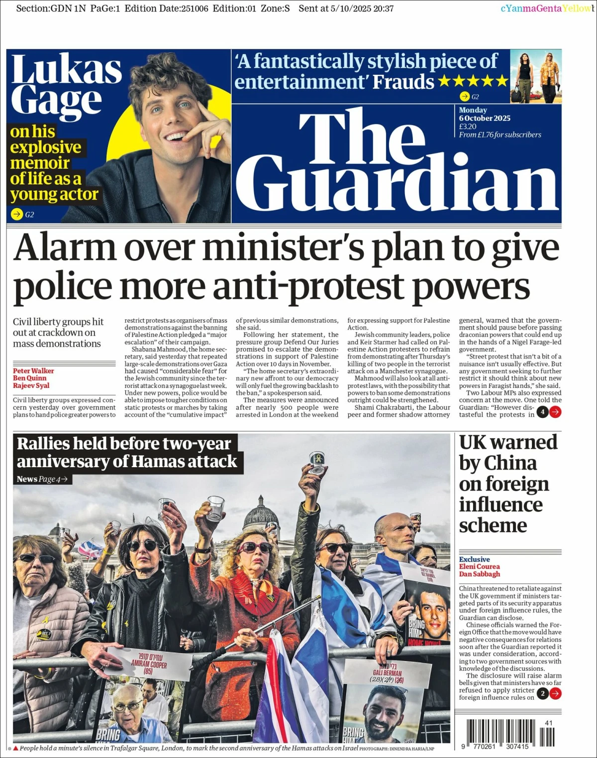 Portada de The Guardian (reino Unido) del lunes, 6 de octubre de 2025