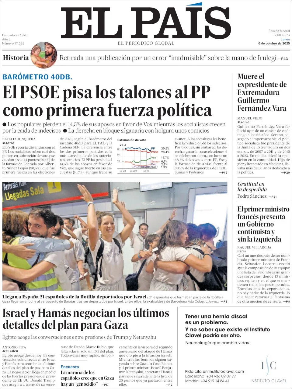 Portada de El Pais del lunes, 6 de octubre de 2025