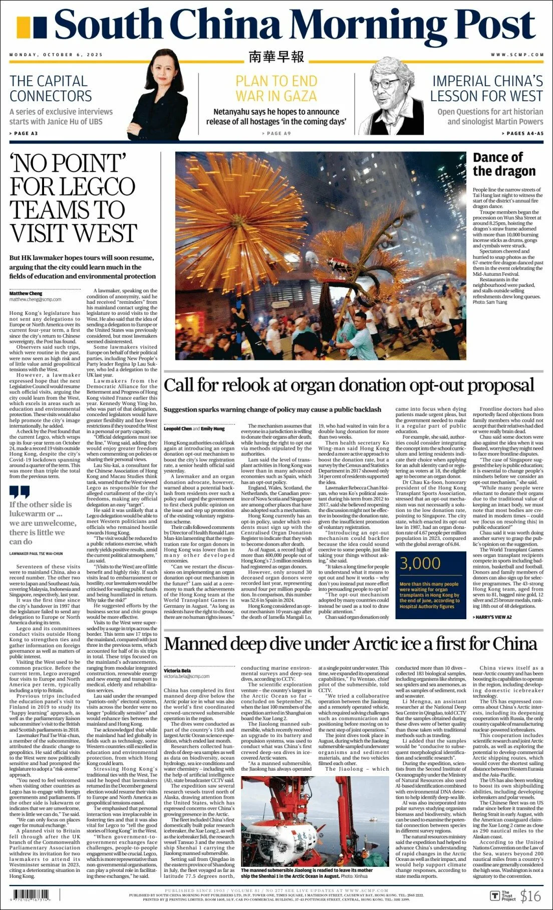 Portada de South China Morning Post del lunes, 6 de octubre de 2025