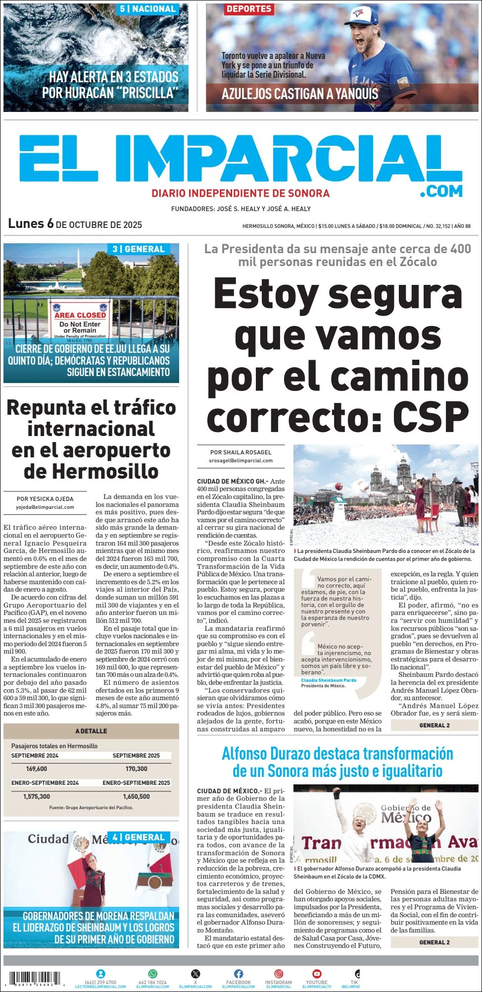 Portada de El Imparcial del lunes, 6 de octubre de 2025