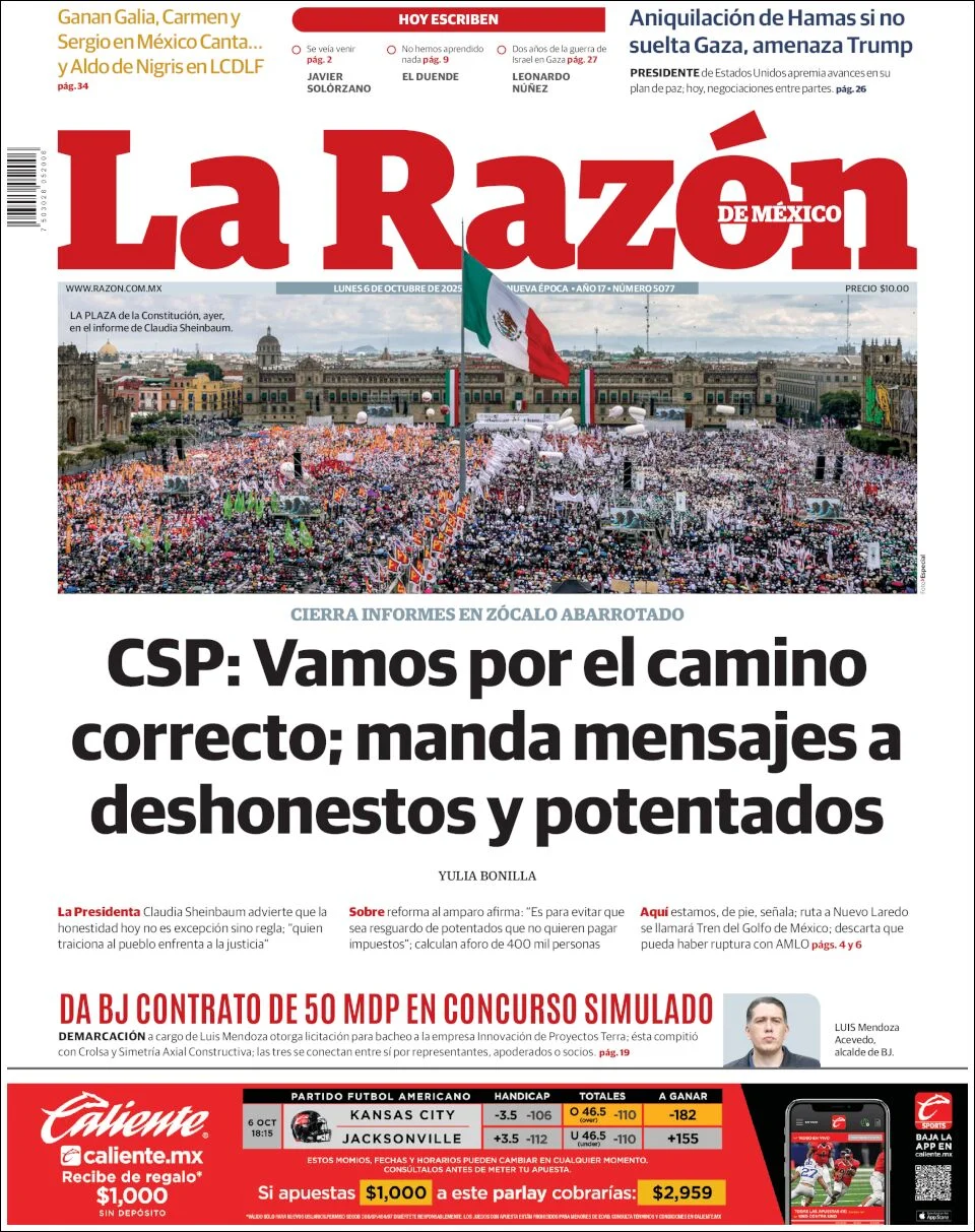 Portada de La Razon del lunes, 6 de octubre de 2025