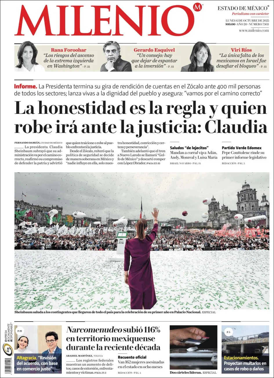 Portada de Milenio Edo de Mexico del lunes, 6 de octubre de 2025